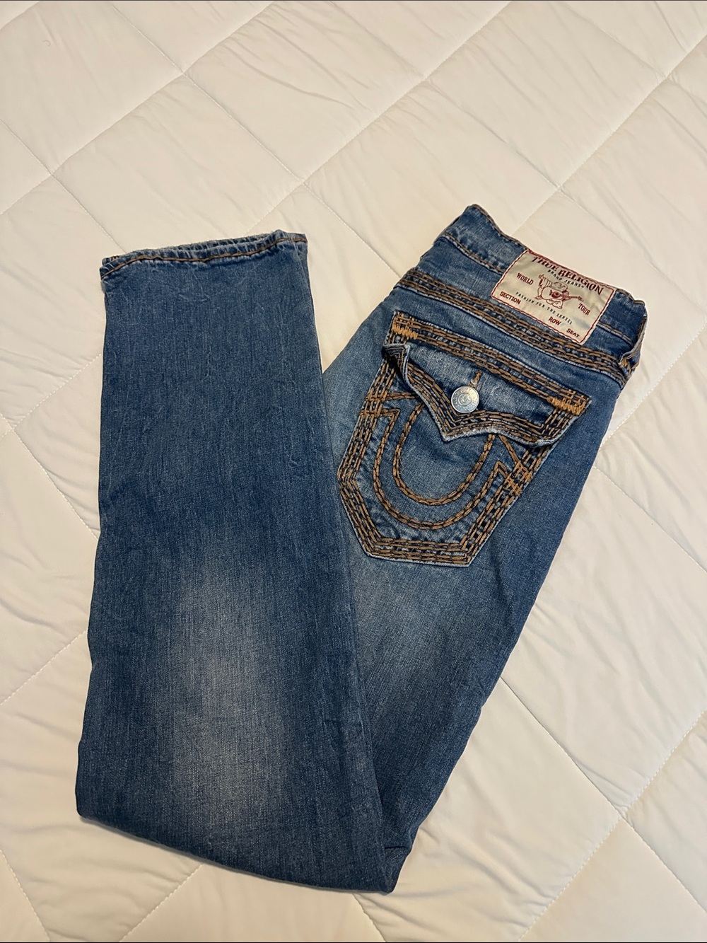 True Religion Men's Blue Straight Leg Jeans with Signature Back Pocket
